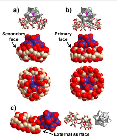 Fig. 2 Illustration of the different supramolecular assemblies observed in the solid-state  involving γ-CD and the Keggin anions (a) [PW 12 O 40 ] 3-  in PW 12 @CD, (b) [PMo 12 O 40 ] 3-  from  reference  30 , and (c) [BW 12 O 40 ] 5-  in BW 12 •2CD