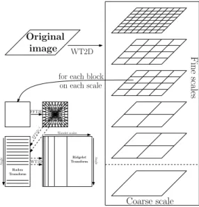 Figure 2: Scheme showing the main steps of the curvelet-99 transform : the ridgelet transform is applied to each block of each scale of an isotropic 2D wavelet transform.