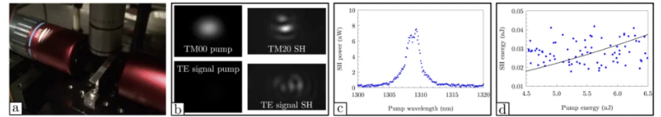 Fig. 4 : (a) Observation de l'harmonique diffusée; (b) Champ proche des modes aux longueurs d'onde  fondamentales et harmoniques