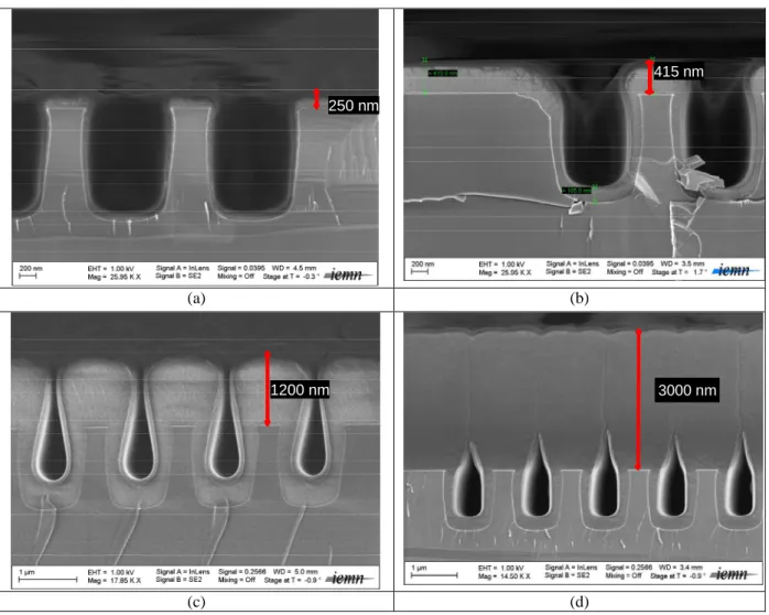 Figure 7: SEM micrographs of ppTMDSO films deposited in trenches on Si substrate. The films thicknesses on  directly exposed planar surfaces are (a) 250, (b) 415, (c) 1200 and (d) 3000 nm, respectively, as indicated by the 