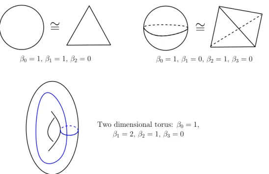 Figure 9: The Betti numbers of the circle (top left), the 2-dimensional sphere (top right) and the 2-dimensional torus (bottom)
