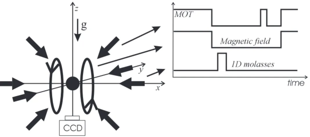 FIG. 1: Schematic drawing of our set-up and of the time sequence used in the experiment