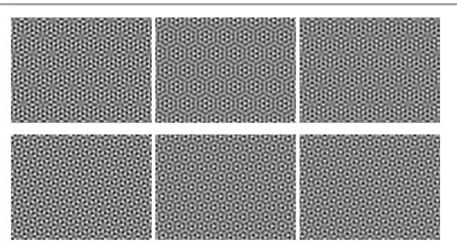 Figure 5. Examples of quasipatterns: superposition of hexagons with χ = 0. Top row: α = 12 π = 15 ◦ ; bottom row: α = 25.66 ◦ (cos α = 1 4 √