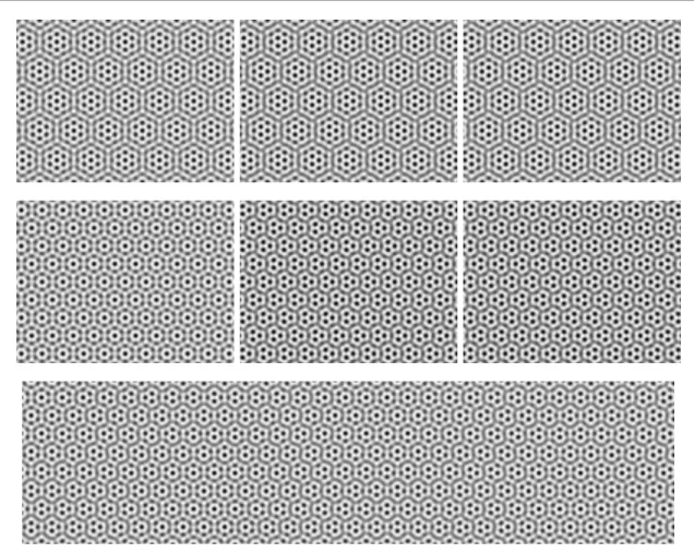 Figure 6. Examples of periodic patterns: superposition of hexagons. Top row: α = 13.17 ◦ (cos α = 37 38 , (a, b) = (5, 3)); middle row: α = 21.79 ◦ (cosα = 13 14 , (a, b) = (3, 2))
