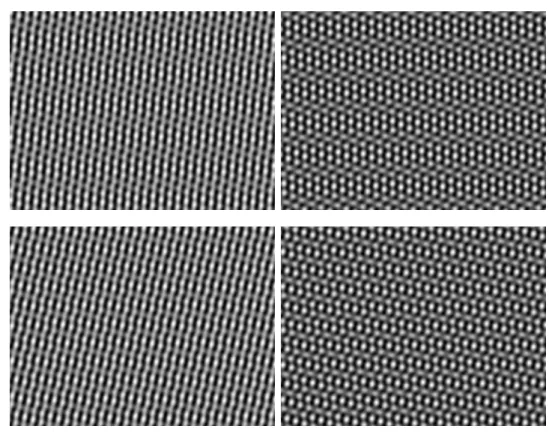 Figure 7. Examples of quasipatterns: superposition of hexagons and rolls. Top row: α = 12 π = 15 ◦ ; bottom row: α = 25.66 ◦ (cos α = 1 4 √