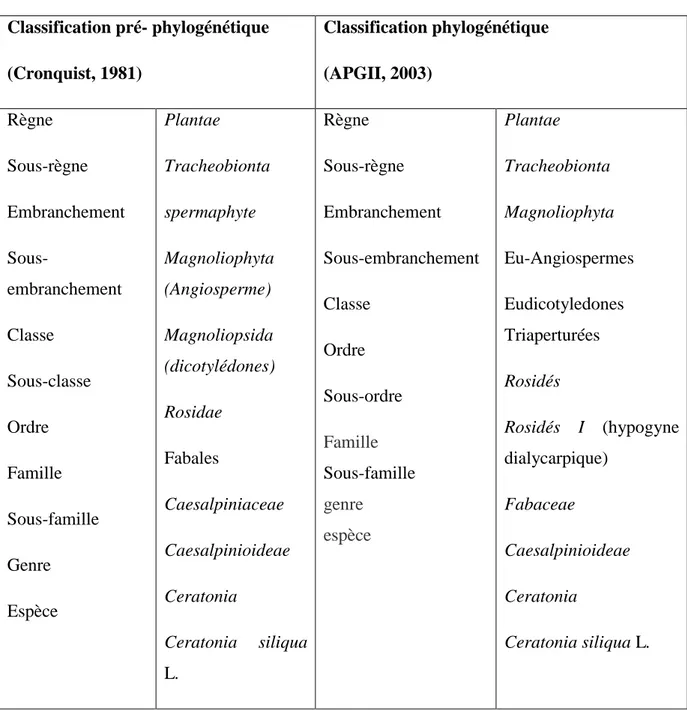Tableau 01 : Classification classique et phylogénétique de Ceratonia siliqua L.   Classification pré- phylogénétique  (Cronquist, 1981)  Classification phylogénétique (APGII, 2003)  Règne   Sous-règne   Embranchement     Sous-embranchement   Classe  Sous-c
