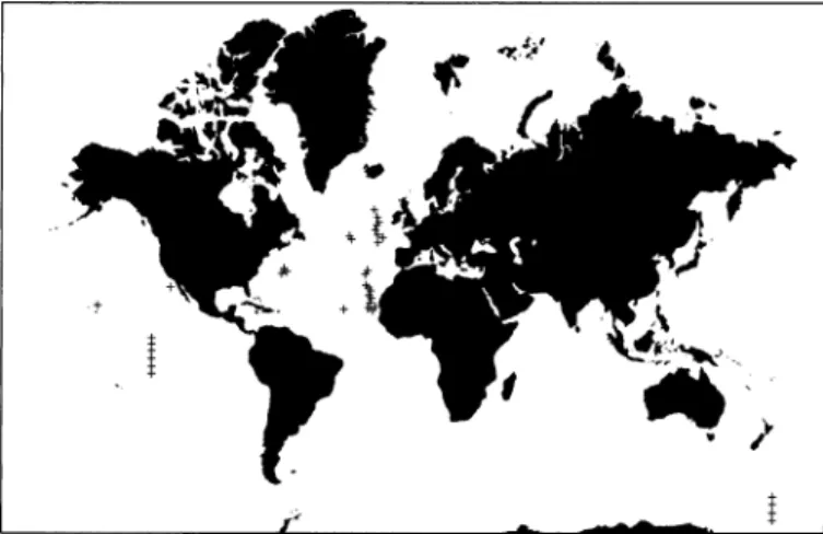 Fig. 1. The 36 seafloor stations (crosses) from which data were compiled for this study