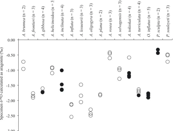 Fig. 3. Results of oxygen isotope analysis calculated as aragonite for all specimens. See Table 2 for values