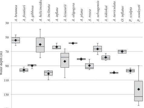 Fig. 4. Depth of calcification calculated using stable oxygen isotope analysis of atlantid shells, compared to the aragonite−