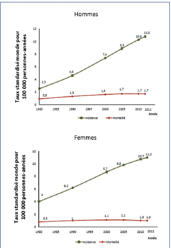 Figure 3 : Incidence et mortalité du mélanome en France des années 1980 à 2010  D’après : Incidence et mortalité en 2012 par classe d'âge et sexe pour les 