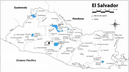 Figura 1. Localización de la Cueva del León y otros sitios con arte rupestre en El Sal- Sal-vador