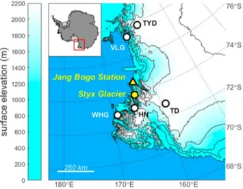 Figure 1. The locations of the Styx Glacier along with previous ice core sites on the western coast of the Ross Sea (HN = Hercules Névé; TD = Talos Dome;