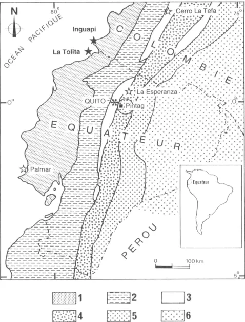 Fig. 4 -  Carte géologique  schématique  de  l'Equateur et du Sud  de  la Colombie,  montrant la  localisation des sites  mentionnés dans  le texte (adaptée  de Bigazzi et al.,  1992)