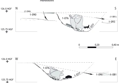 Figure 6 - Profils nord/sud et ouest/est de la fosse funéraire contenant le vase basculé et écrasé  (relevés F