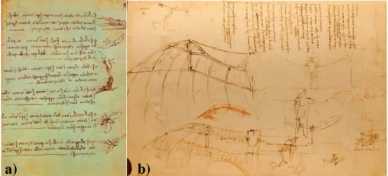 Figure II.21. Extracts folios of Leonardo Da Vinci works from Codice sul volo degli uccelli  a) 148  and from Codex Atlanticus b) 149 