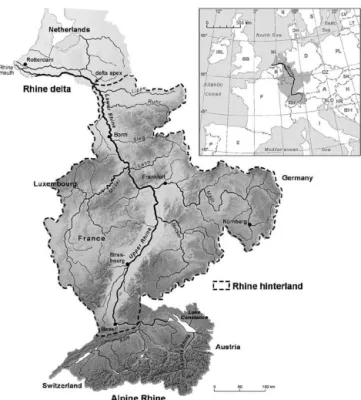 Figure 2. The Rhine catchment (Hoffmann et al., 2013a), where the gray shades represent elevation and the continuous black lines the main rivers.