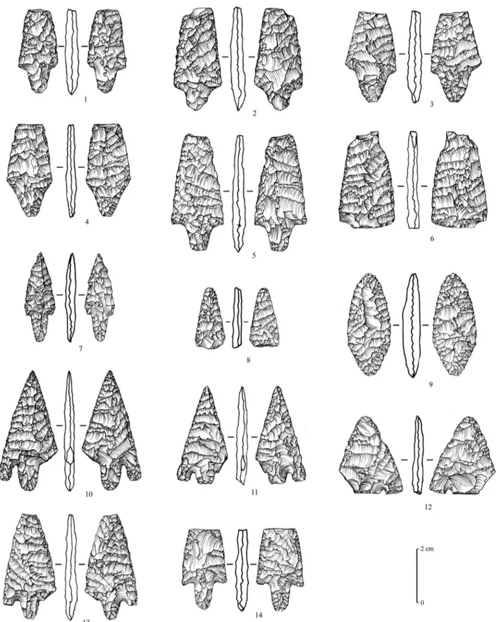 Figure 10. Neolithic arrowheads from Mundafan, in chert (sites MDF-12, 20, 21). 1–8: flat bifacial tanged projectile points with symmetrical section and shoulders, 9: flat bifacial piece (preform of a projectile point?), 10–14: flat bifacial tanged project