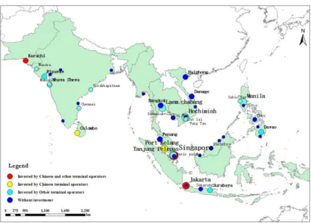 Figure  6.  Spatial  distribution  of  invested  terminals  in  Southeast  Asia  and  South  Asia.  Note:  other  terminal  operators refer  to  the  top 10 terminal operators of  the  world,  excluding the three Chinese  operators. 