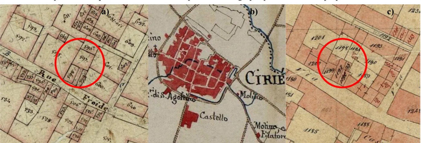Figure 4. Sources historiques concernant l’agglomération de Cirié – a) source Cadastre Napoléonien ; b) et c)  source Cadastre Sabaudo post - Napoléonien