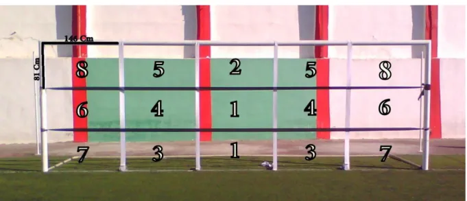 Figure 1  :  représente la division du but en quinze rectangles et les points du test de précision  du tir du penalty (Ibrahim, 2006) 