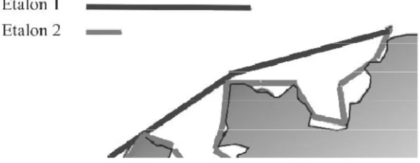 Figure III.1 : illustration de la mesure de la longueur d'une cote avec un pas de mesure plus  grand que certains détails de la cote