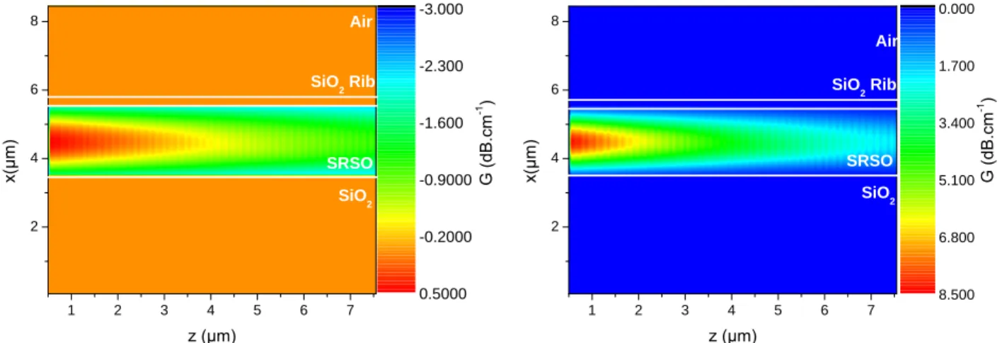 Figure 11. Gross gain per unit length (dB.cm -1 ) along the direction of propagation in the case of erbium ions (on the left) and neodymium ions (on the right) for a pump power equal to 1000 mW.mm -2