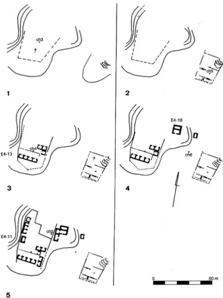 Fig. 7.—Puertas principales de los edificios-sede de poder: a) Xculoc (D6-15) (según Pollock); b) Xcoch- Xcoch-kax (C4-6) (según Pollock); c) Chunhuhub (E3-1 (según G.F