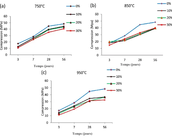 Figure 1. 30 : Résistances à la compression des mortiers à base de sédiments calcinés à 750°C, 850°C  et 950°C (Laoufi et al., 2016)