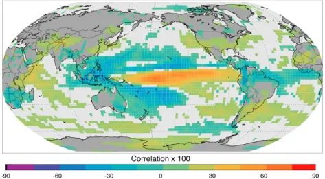 Figure 1. Correlation of the Niño-3 index and precipitation amount at each grid point from ECHAM.