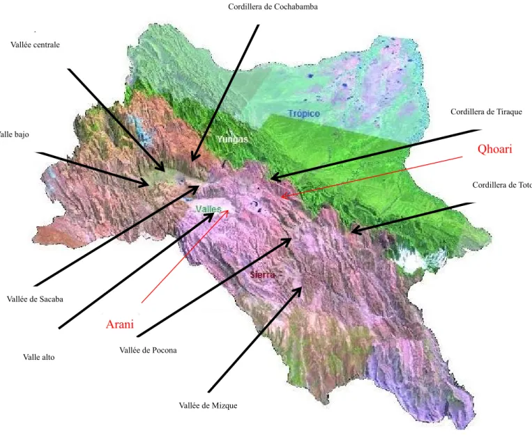 Fig.  3 carte du département actuel de Cochabamba où apparaissent la plupart des lieux cités dans la thèse