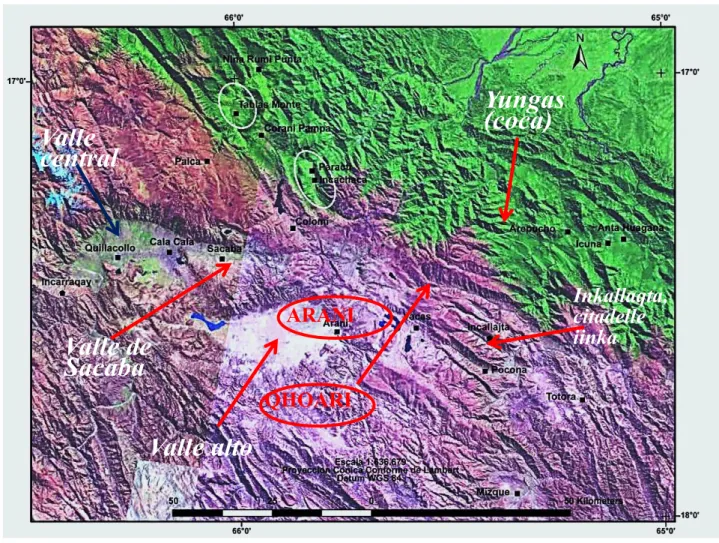 Fig.  4 carte montrant la proximité de la communauté de Qhoari avec les régions tropicales, les vallées, ainsi que le centre  religieux Inkallaqta