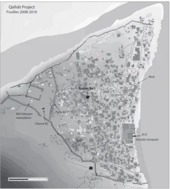 Figure 1. Plan préliminaire de la ville médiévale de Qalhāt et  localisation de l’atelier de potier B41.
