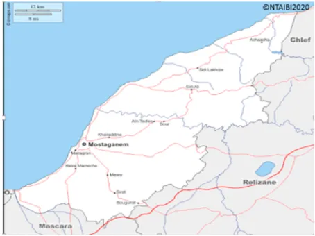 Fig. 1 Situation géographique de la wilaya de Mostaganem. (2007-2020 d-maps.com) 