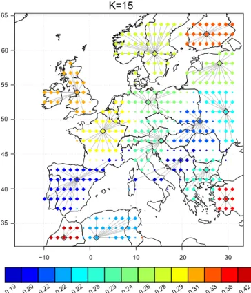 Fig. 1. Clustering of EOBS JJA maximum temperatures (de-trended) with K¼15.