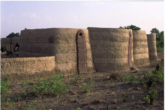 Figure 1.  Building  site,  new  compound.  Walls  are  not  yet  plastered  (Nebyepu,  May  1989),  ©  Luc  Pecquet 