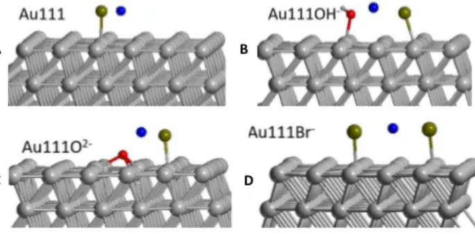 Figure 9: Geometries of the NaBr salt adsorbed on the various surfaces. Au atoms are shown in grey, H in white grey, O in red, Na in blue and Br in brown.