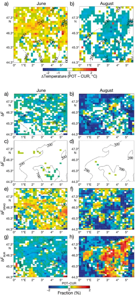 Fig. 4 shows the spatial patterns of δF averaged over the 2 heatwave periods, as well as the contributions of δF RAD , δF GRAD and δF SUR to the mean change