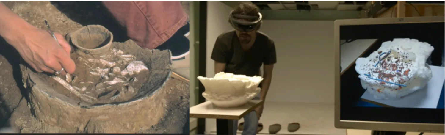 Figure 1: Left: Example of micro-excavation of a cremation urn. Right: the mixed reality environment designed in an archaeological context enables visualization inside a cremation urn.