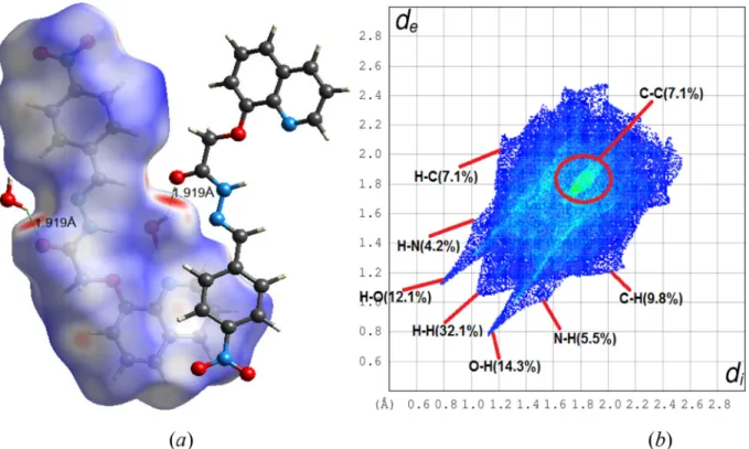 Fig. 3. HS view of NBQA  (a) 3D HS mapped over  dnorm and (b) 2D ﬁngerprint  plot. 