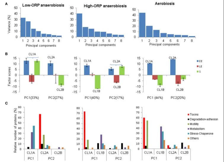 Figure 3 shows the whole set of exoproteins that were detected for the three growth phases in each growth condition and were classiﬁed into six main functional categories