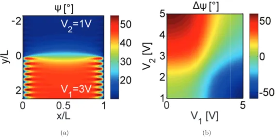 Figure 2.3: (a) Colormap of ψ(x, y, z = W/2), for V 1 = 3V and V 2 = 1. (b) Maximum change in the reorientation angle ∆ψ versus V 1 and V 2 .