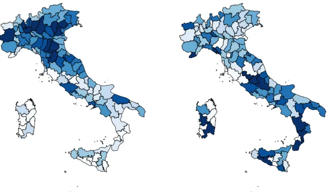 Figure A4 shows the geographical distribution of the number of firms (left panel) and of the share of constrained firms (right panel) across Italian provinces