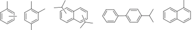 Figure  1.  Topological  representation  of  xylene(s),  pseudocumene,  diisopropylnaphthalene  (mixture  of  isomers),  4-isopropylbiphenyl,  and   1-methylnaphthalene  (from  left  to  right)