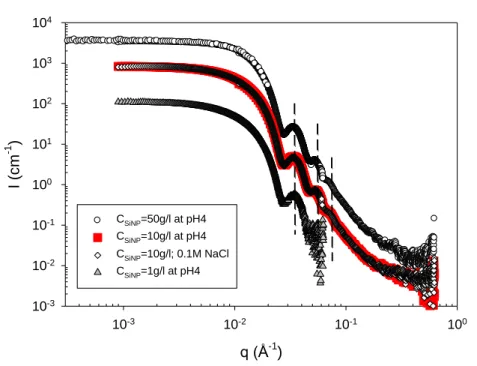 Fig.  A2.  (Color  on-line)  SAXS  profiles  collected  at  various  positively  charged  SiNP  concentrations
