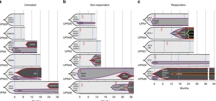 Figure 4 | Serial whole-exome sequencing analysis of somatic variants. WES of sorted peripheral blood monocyte DNA was performed two- to ﬁvefold in 17 patients at a mean interval of 14 ± 8 months (range: 4–32)