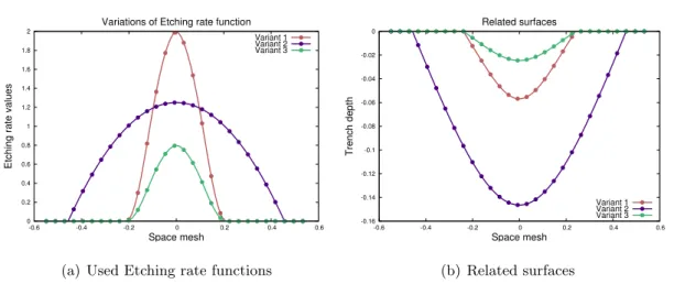 Figure 3.1: Example of the model outcome by the use of different Etching rate functions.