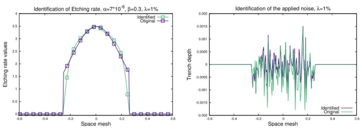 Figure 5.10: Coupled identification of the Etching rate function and applied noise with level equal to 1%.