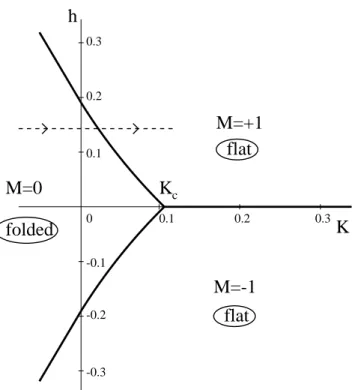 Fig. 6: Phase diagram in the (K, h) plane. Three first order lines h = h c (K), − h c (K) (K &lt; K c ) and h = 0 (K &gt; K c ) separate the three phases M = 0, ± 1 and meet at the triple point (K c , 0)