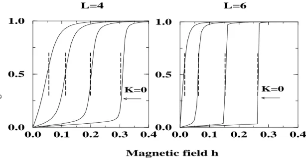 Fig. 3: Magnetization M versus magnetic field h for L = 4 and 6. The four curves correspond respectively (from the right to the left) to exp(K/2) = 1 (K = 0) , 1.0333.., 1.0666.