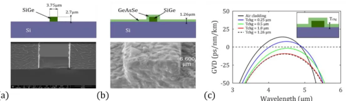 Fig. 1. Schematic (top) and Scanning Electron Microscope image (bottom) of the air clad (a) and the chalcogenide clad (b) waveguide